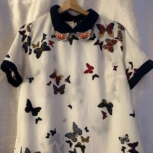 White Butterfly Print shirt with Black Peter Pan Collar - Size L